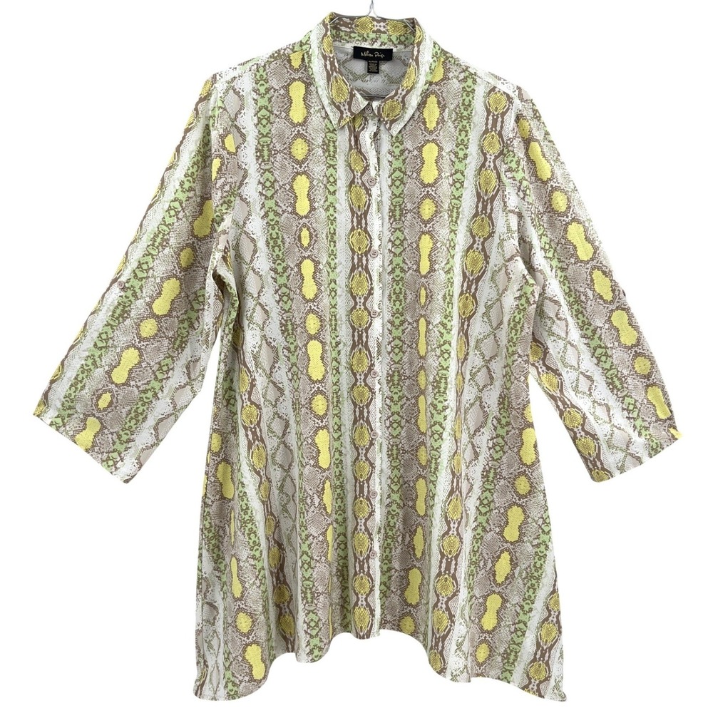 Melissa Paige Womens Snakeskin Print Tunic Button Up Shirt Top Green Yellow XL‎